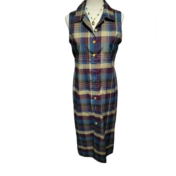 2465)Vtg 90's Expressions Multicolor Plaid Sleeveless Collar Shirt Dress Size 12 - Picture 1 of 8